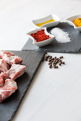 Ingredients for beef stew with olive oil, paprika and curry