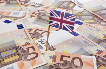 Flag of United Kingdom sticking in 50 Euro banknotes.(series)