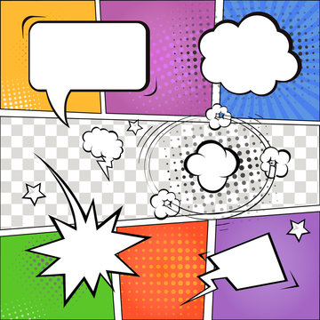 Comic speech bubbles and comic strip on colorful halftone