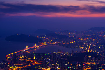 GwangAn Bridge and Haeundae at sunset in Busan,Korea