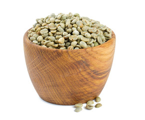 green coffee beans in a wooden bowl