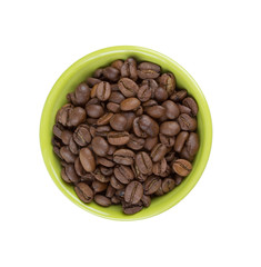 roasted coffee beans in a green bowl