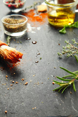 Messy Kitchen Table with Herbs and Spices