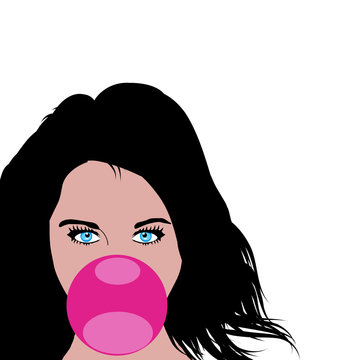Mujer mascando chicle sobre fondo blanco