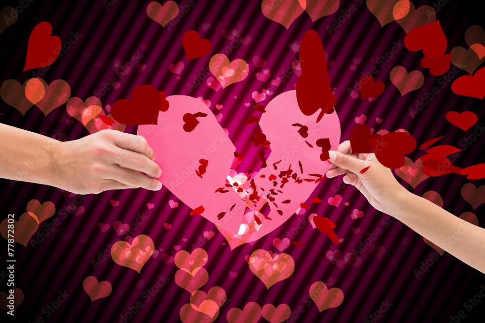 Poster composite image of hands holding two halves of broken heart