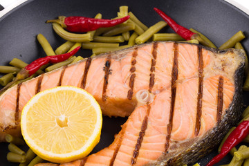 Salmon steak on pan