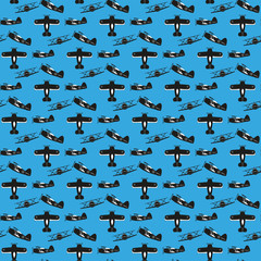 vector seamless pattern of vintage biplane on blue background