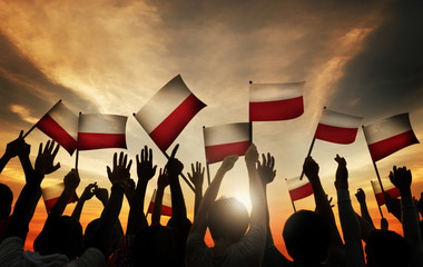 Group People Waving Polish Flags Back Lit Concept