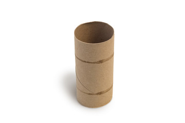 Closeup of one empty cardboard toilet roll, isolated on white