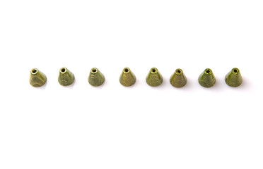 Green cone shape wooden beads over white background