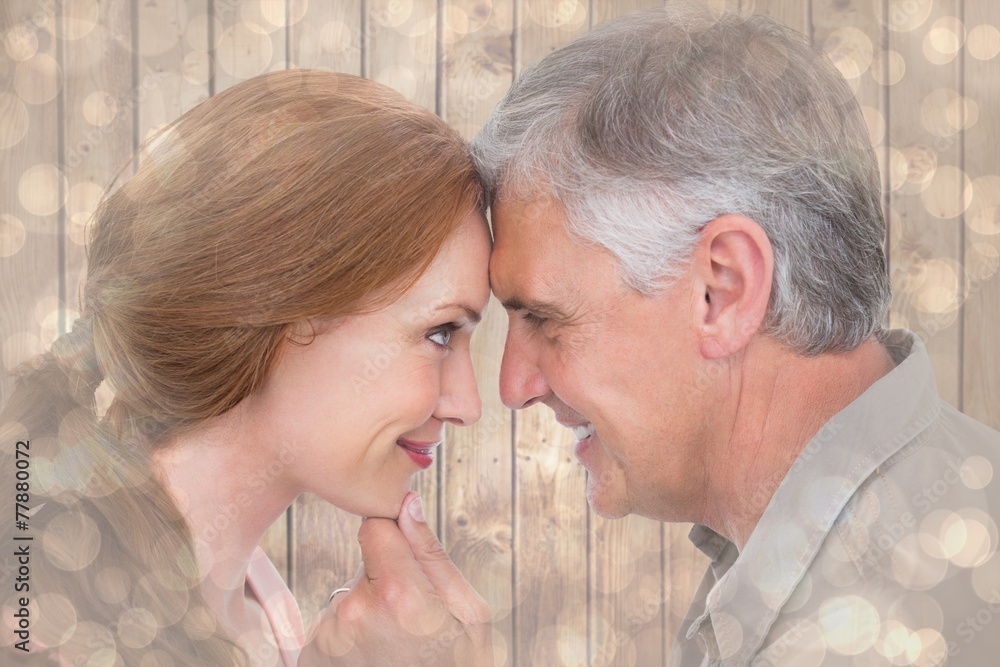 Poster composite image of casual couple smiling at each other