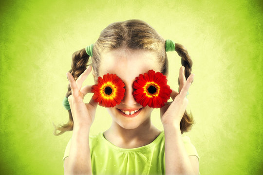 Little Girl Cover Her Eyes With Red Flowers, Spring