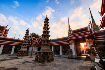 Pagoda in the sunset at Wat Pho in Bangkok of Thaila