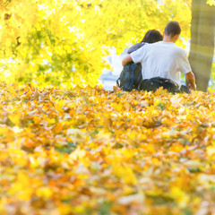 Young happy couple in the autumn park