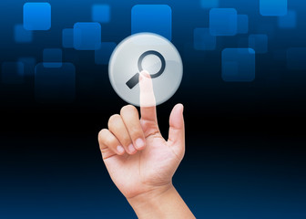 Hand pressing research buttons with technology background