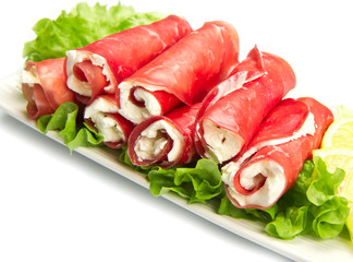 Dried beef and cheese on white dish