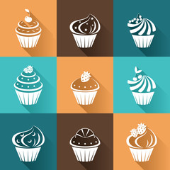 Flat icons cupcakes with long shadow.