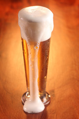 Tall elegant glass of beer with overflowing froth