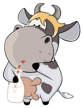 A small cow with a milk bottle. Cartoon