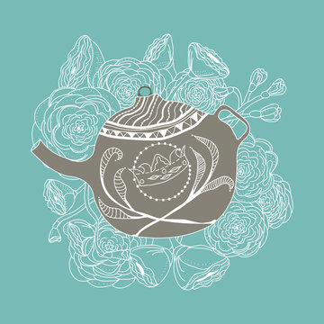 Hand-drawn floral motif with a teapot and roses around it