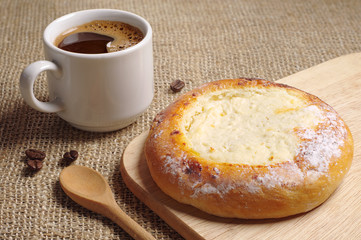 Pie with cottage cheese and coffee