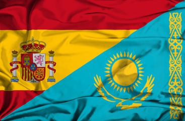 Waving flag of Kazakhstan and Spain