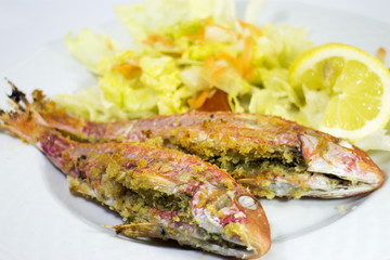 tipico piatto siciliano con  triglie  ripiene con mollica
