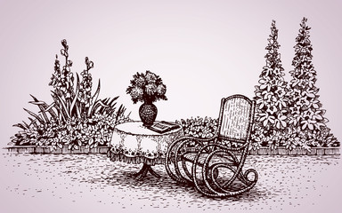 Rocking chair in the yard. Vector drawing