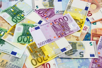 Different Euro banknotes from 5 to 500 Euro