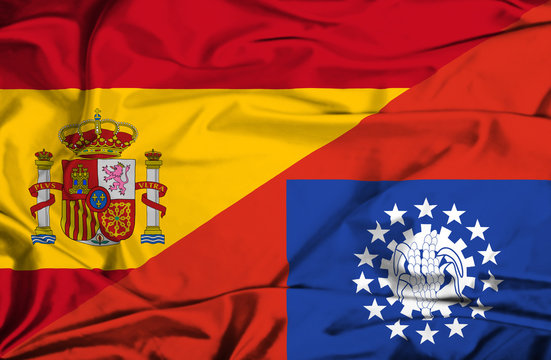 Waving flag of Myanmar and Spain