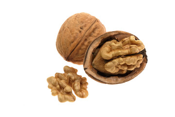 Walnuts in closeup on white background