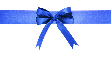 Blue fabric ribbon and bow on white background