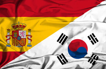 Fototapeta premium Waving flag of South Korea and Spain