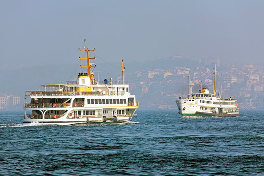 Two passenger ferryboats in the Bosphorus, Istanbul, Turkey