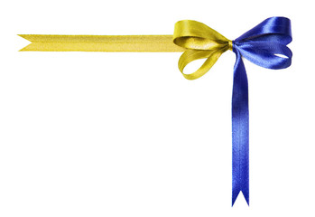 Blue-yellow multicolor fabric ribbon and bow isolated