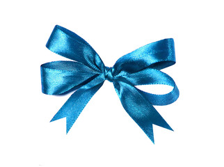 Blue (azure) fabric ribbon and bow. isolated 