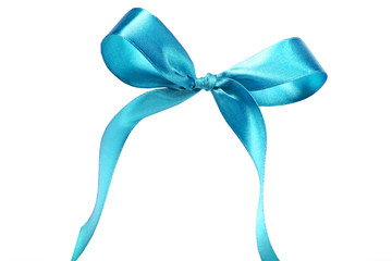 Blue fabric ribbon and bow on white background