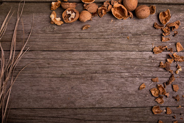 Obraz na płótnie Canvas Walnuts on rustic wooden background copy space for text