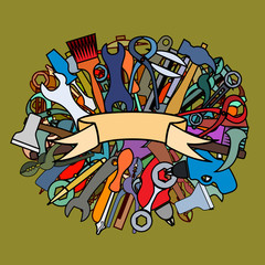 Set of working tools, hammers, brushes, axes, wrenches, wire cut