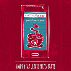 red valentine card with smart phone,  vector