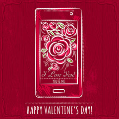 red valentine card with smartphone and roses