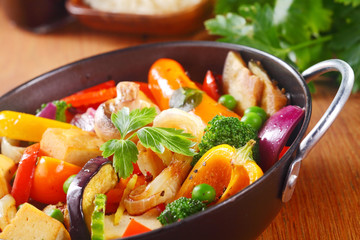 Healthy Cooked Main Dish on a Pan with Herbs