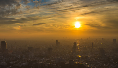 Tokyo sunset aerial panoramic view