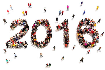 Large group of people in the shape of 2016 celebrating