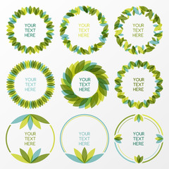 Set of fresh green leaves vector frame. Nature border background
