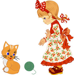 Девочка играет с кошкой.