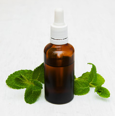 Bottle of mint oil and fresh mint