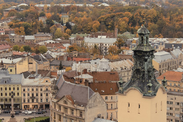 Fototapeta na wymiar LVOV, UKRAINE - OCT. 20: Top view on a Mickiewicz Square .20.10.