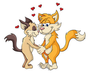 Cats falling in love. Illustration with simple gradients.