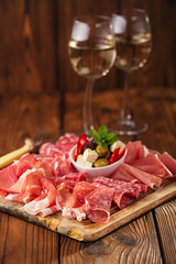 antipasti Platter of Cured Meat,   jamon, olives, sausage, salam